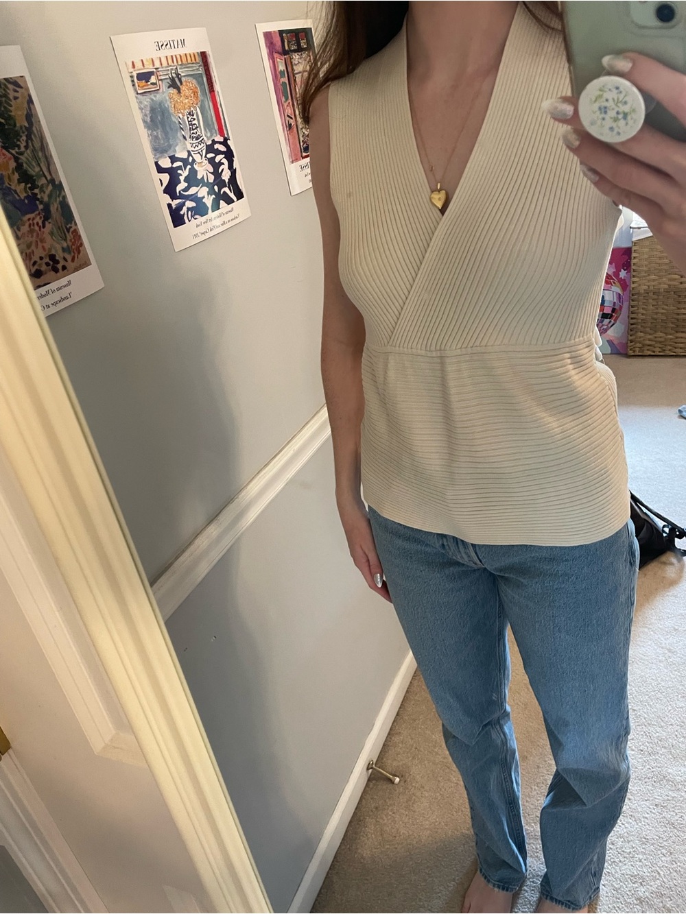 august silk Cream Ribbed V-Neck Sleeveless Wrap Tank